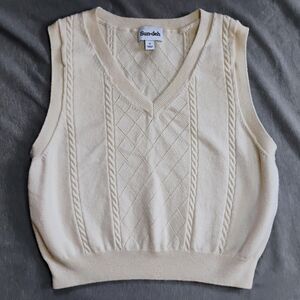 Sunday Best Vest Womens S Cream Wool Cable Knit Argyle V-Neck Sleeveless Sweater